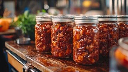 Homemade bacon jam in glass jars standing on a wooden table in a kitchen