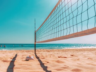 Volleyball court on the sand beach with the volleyball net. 