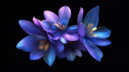 Dramatic floral composition showcases radiant blue and purple flower petals