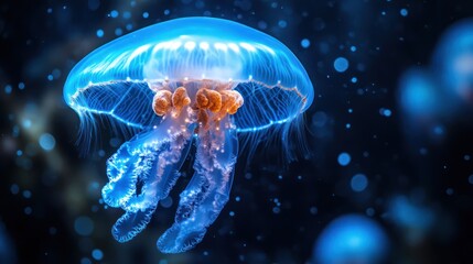 Glowing Jellyfish Drifting Gracefully in Deep Blue Ocean Depths Background