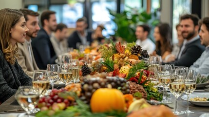 Festive autumn celebration with diverse group sharing a lavishly decorated table