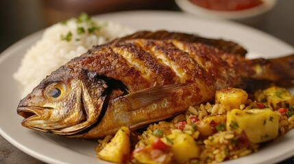 Exquisite whole fried fish served with rice and plantains on a plate
