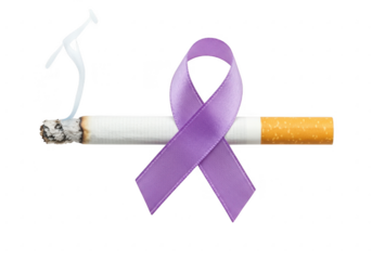A burning cigarette with a purple ribbon isolated on transparent background