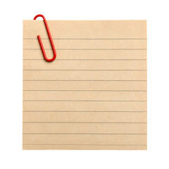 Light brown lined note with a red paper clip isolated on white or transparent png
