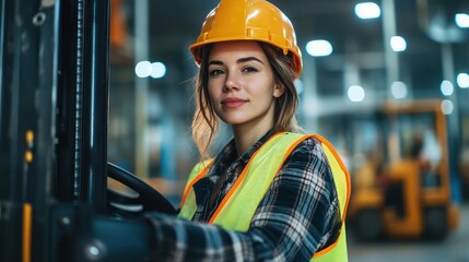 Confident female forklift operator in warehouse setting portrait view