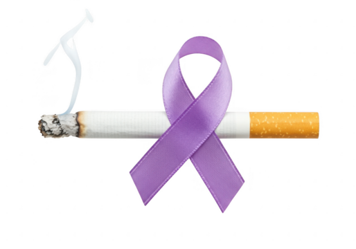 A burning cigarette with a purple ribbon isolated on transparent background