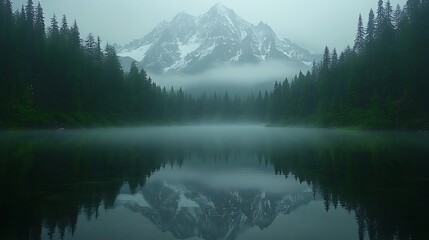 Misty mountain lake reflecting the surrounding forest.