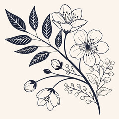 Floral line art illustration with blooming flowers and botanical elements