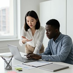 Obraz premium Asian female professional and Black male colleague collaborating on laptop at office desk, dynamic angle.