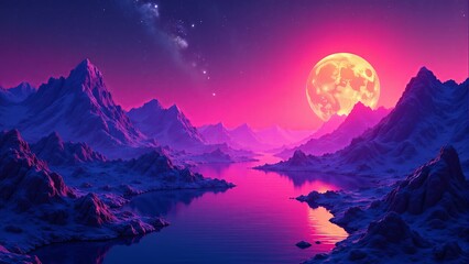 Fantasy World with Glowing Moon and Reflective Lake