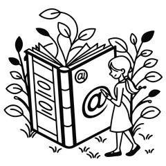 Girl interacting with large book illustration