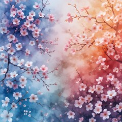 Pink cherry blossoms bloom on a branch in spring, showcasing the natural beauty of Japanese sakura flowers against the sky