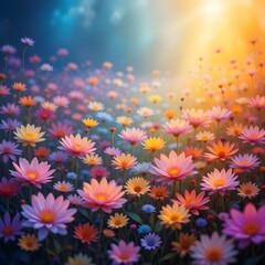 A vibrant mix of colorful daisy and aster flowers in full bloom creates a beautiful floral pattern against a bright blue background