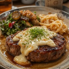 Delicious grilled meat dishes featuring steak, pork chops, potatoes, and vegetables on a plate