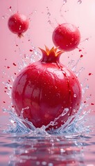 Pomegranate splashing into fresh water, a sweet and healthy natural fruit