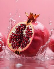 Fresh ripe red pomegranate fruit, whole and cut with juicy seeds, isolated on a white or rustic wooden background for healthy food and dessert concepts