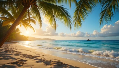 Tropical beach with palm trees at sunset by the ocean