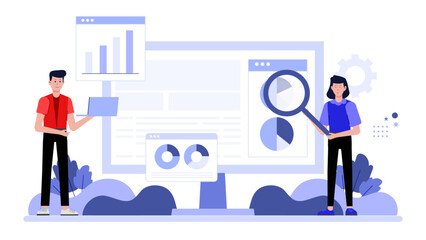 Fototapeta premium Digital marketing manager auditing website SEO, flat vector illustration