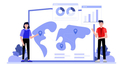 Employees discussing milestones on shared roadmap, flat vector illustration