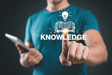 Person touching the word knowledge with an open book and lightbulb icon symbolizing learning and new ideas