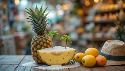 Fresh, sweet pineapple juice in a glass with tropical fruits on a white background, perfect for a healthy diet