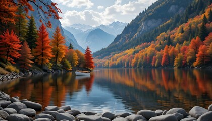 Autumn's vibrant reflection of trees and clouds on a serene mountain lake