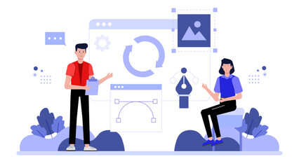 Design team collaborating on brand icon redesign, flat vector illustration