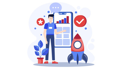 Startup founder reviewing app store launch checklist, flat vector illustration