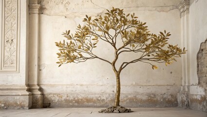 Golden tree sculpture with leaves in an aged room with ornate architectural details and peeling paint creating a contrast