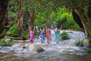 Asian Pretty Women Enjoy Playing in Stream, Doi Inthanon, Chiang Mai, Thailand.