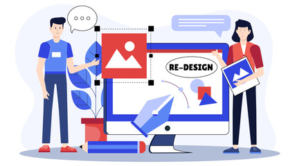 Design team collaborating on brand icon redesign, flat vector illustration