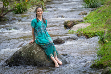Asian Pretty Women Enjoy Playing in Stream, Doi Inthanon, Chiang Mai, Thailand.