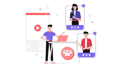 Remote team sharing updates in async workspace, flat vector illustration