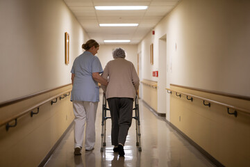 Back view of nurse helping older woman walk with walker in rehabilitation center hallway. Elder care and nursing support