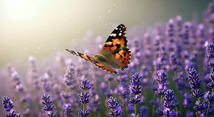 Flying Butterfly on Purple Lavender Field with Orange Wings