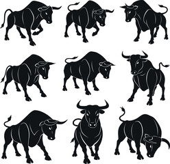 Nine distinct bull silhouette vectors in various dynamic poses. Comprehensive collection of powerful and strong animal shapes, ideal for finance, sports, branding, and agriculture themes.