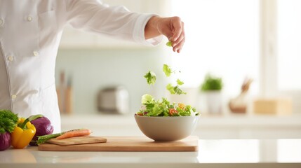 Chef in white jacket preparing fresh salad with green leafy vegetables, red tomatoes, yellow bell pepper, purple onion, carrot, and herbs on wooden cutting board in bright kitchen.
