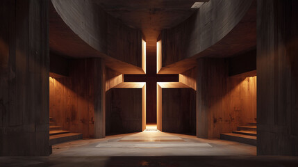 Naklejka premium church Hall entrance with giant cross structure illuminated by warm light symbolizing sacred passage faith and hope in spiritual architecture