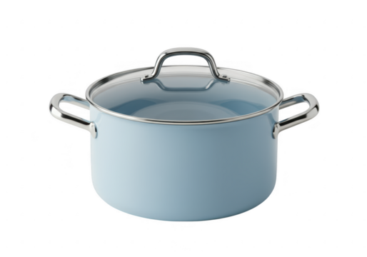 A light blue enamel pot with a glass lid sits on a transparent background