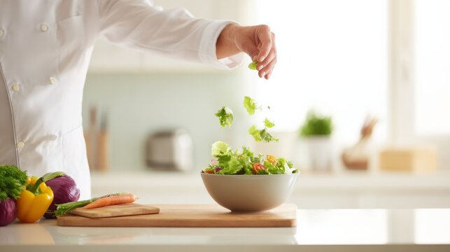 Chef in white jacket preparing fresh salad with green leafy vegetables, red tomatoes, yellow bell pepper, purple onion, carrot, and herbs on wooden cutting board in bright kitchen.