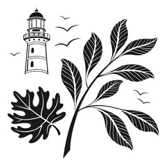 Lighthouse leaves birds design graphic
