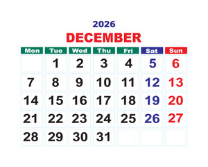 December 2026 calendar page, editable printable planner layout with weekday highlights and clean typography