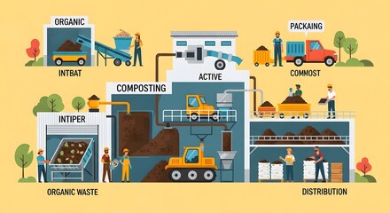 Detailed Illustration of Composting Process: Organic Waste to Distribution Stages