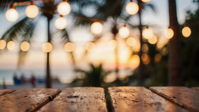 Wooden table with blurred beach, palm trees, and string lights background