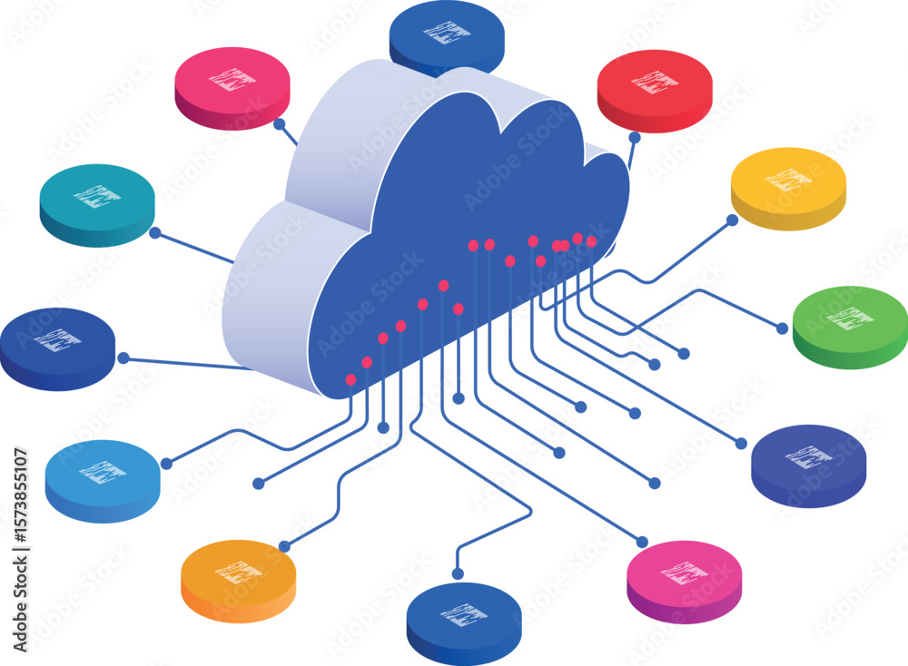 Fototapete isometric computing blue and white cloud. a cloud connected to various servers station through a net