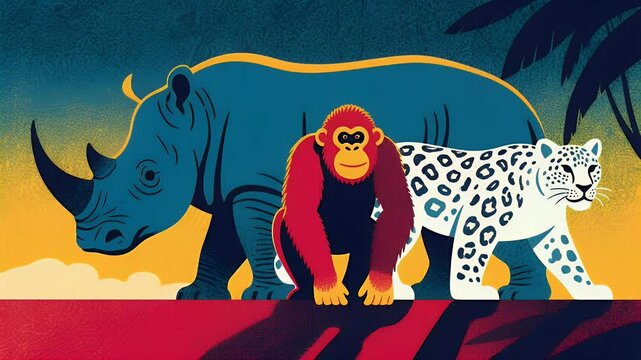 Endangered Giants: Rhino, Orangutan, Snow Leopard ? A Vibrant Animated Tribute