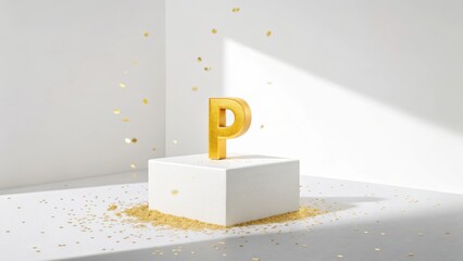 Golden letter p on a white pedestal with confetti against a white background corner
