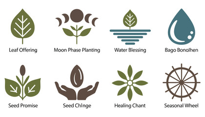 A vector set of green eco icons featuring leaf, flower, and tree designs for natural and organic product labels and symbols