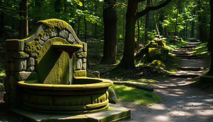 Ancient moss-covered fountain by a forest path, dappled sunlight, rustic stone structure, peaceful and timeless woodland scene 2