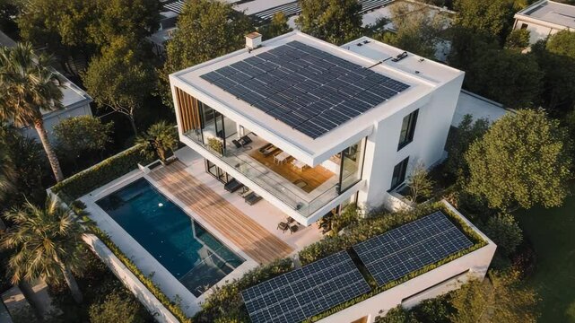 Modern house with solar panels and swimming pool aerial view